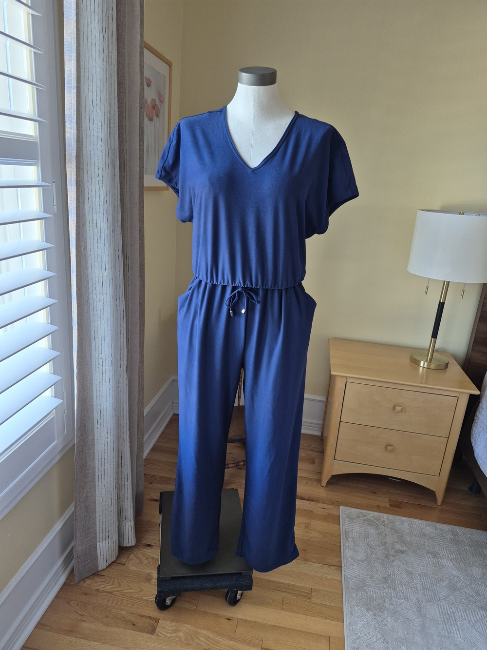 Sansara Navy V-Neck Short Sleeve Jumpsuit with Drawstring Waist